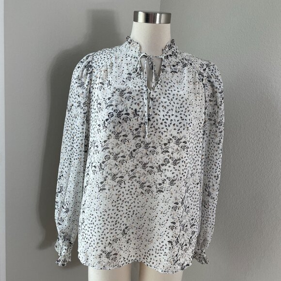 Joie Womens Small Floral Blouse Long Sleeve Ruffle Tie Neck Shirt Top - Picture 1 of 10
